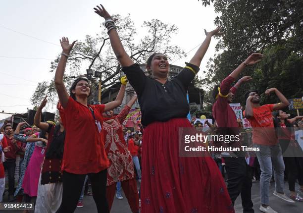Youngsters perform a flash mob at Goodluck Chowk as a part of One Billion Rising, a global movement founded by Eve Ensler sexual violence against...