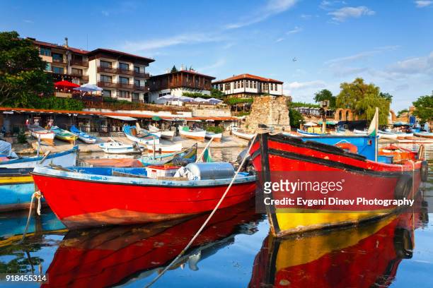 colorful boats in the port of nessebar - nesebar fotografías e imágenes de stock