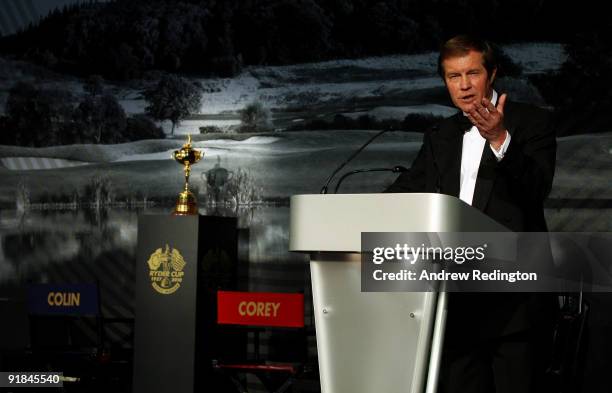 George O'Grady, Chief Executive of The European Tour, addresses the room during the ' A Year to Go' Gala Dinner at The Celtic Manor Resort on October...