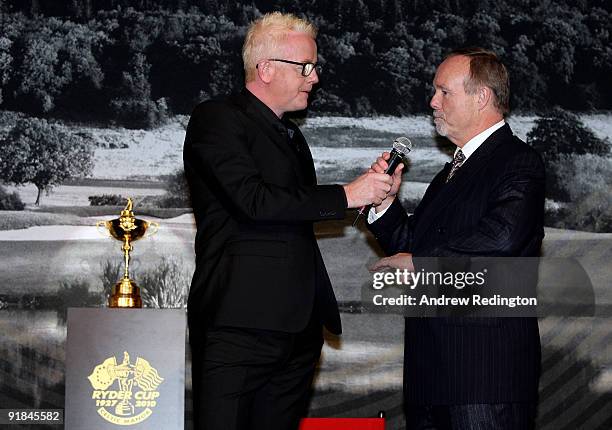Chris Evans chats to Sir Terry Matthews, owner of The Celtic Manor Resort, during the ' A Year to Go' Gala Dinner at The Celtic Manor Resort on...