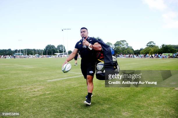 Asafo Aumua of the Hurricanes walks off the field following the warm up session ahead of the Super Rugby trial match between the Blues and the...