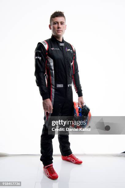 Richie Stanaway driver of the Tickford Racing Ford Falcon FGX poses during the 2018 Supercars Media Day at Fox Studios on February 15, 2018 in...