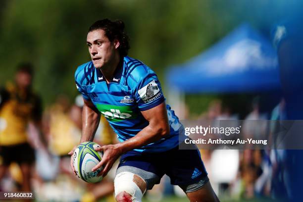 Jonathan Ruru of the Blues in action during the Super Rugby trial match between the Blues and the Hurricanes at Mahurangi Rugby Club on February 15,...