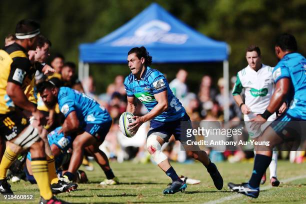 Jonathan Ruru of the Blues in action during the Super Rugby trial match between the Blues and the Hurricanes at Mahurangi Rugby Club on February 15,...