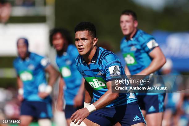 The Blues line up on attack during the Super Rugby trial match between the Blues and the Hurricanes at Mahurangi Rugby Club on February 15, 2018 in...