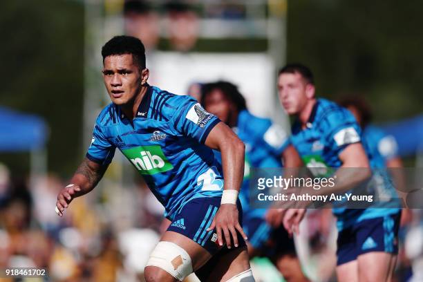 The Blues line up on attack during the Super Rugby trial match between the Blues and the Hurricanes at Mahurangi Rugby Club on February 15, 2018 in...