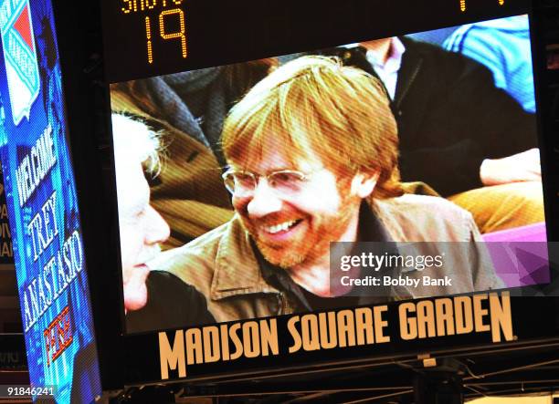 Musician Trey Anastasio of Phish is shown on the scoreboard attending the Toronto Maple Leafs Vs. New York Rangers game at Madison Square Garden on...