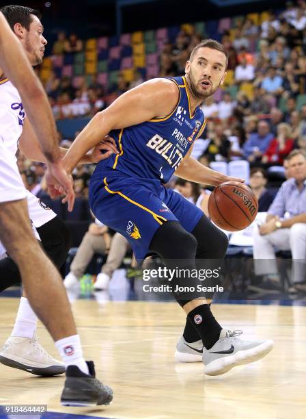 Brisbane Player Adam Gibson looks to pass during the round 19 NBL match between the Brisbane Bullets and the Sydney Kings at Brisbane Entertainment...