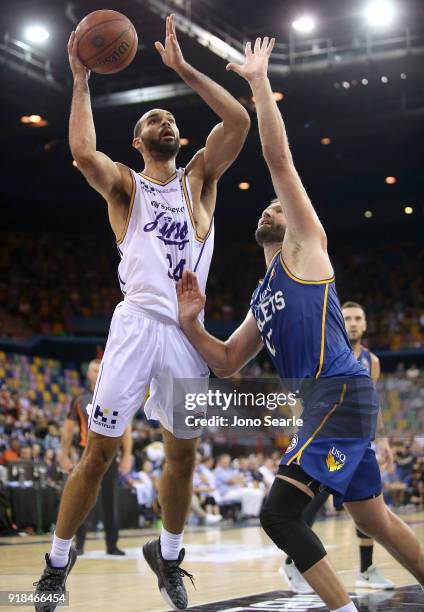 Sydney player Perry Ellis shoots the ball during the round 19 NBL match between the Brisbane Bullets and the Sydney Kings at Brisbane Entertainment...