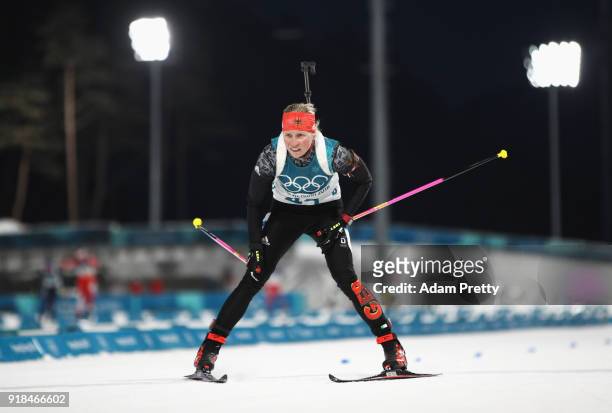 Franziska Hildebrand of Germany finishes during the Women's 15km Individual Biathlon at Alpensia Biathlon Centre on February 15, 2018 in...