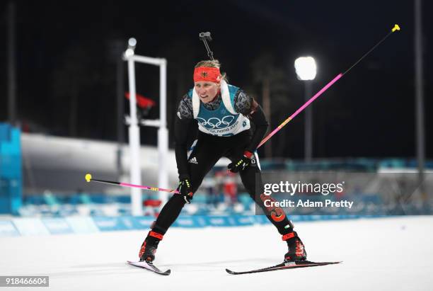 Franziska Hildebrand of Germany finishes during the Women's 15km Individual Biathlon at Alpensia Biathlon Centre on February 15, 2018 in...