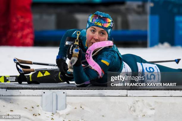 Ukraine's Yuliia Dzhima competes in the women's 15km individual biathlon event at the Alpensia biathlon center during the Pyeongchang 2018 Winter...