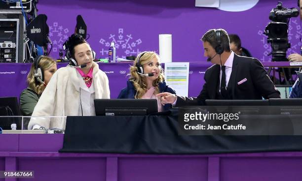 Johnny Weir, Tara Lipinski and Terry Gannon comment for NBC the Figure Skating Pair Skating Free Program on day six of the PyeongChang 2018 Winter...