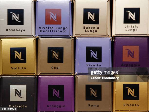 Nespresso coffee capsules stand on display following a news conference announcing Nestle SA's full year results in Vevey, Switzerland, on Thursday,...