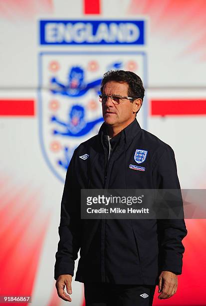 England manager Fabio Capello arrives for an England training session at London Colney on October 13, 2009 in St Albans, England.