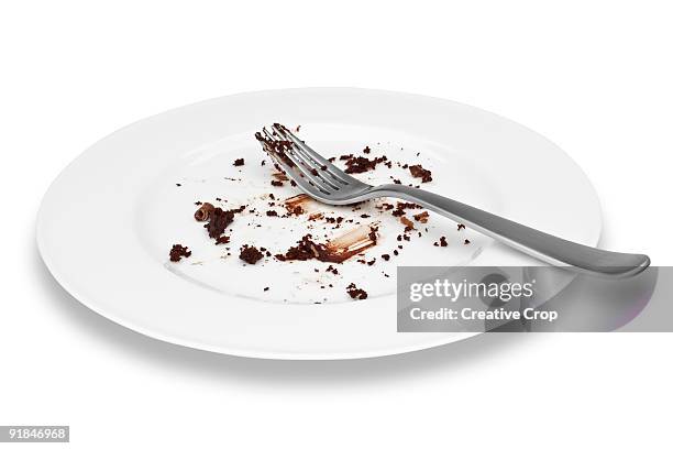 empty plate of cholcolate cake with fork - finishing cake stock pictures, royalty-free photos & images