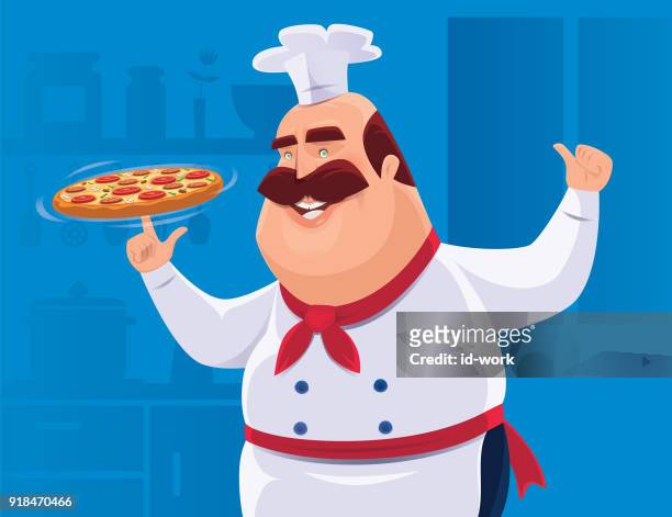 illustrazioni stock, clip art, cartoni animati e icone di tendenza di chef che gira pizza e dà pollici in su - pizza toss