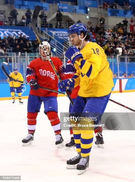 Dennis Everberg of Sweden celebrates after scoring his team's third goal during the Men's Ice Hockey Preliminary Round Group C game between Norway...