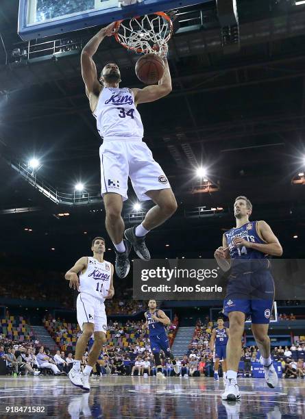 Sydney player Perry Ellis dunks the ball during the round 19 NBL match between the Brisbane Bullets and the Sydney Kings at Brisbane Entertainment...