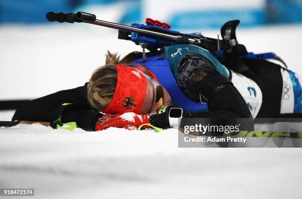 Franziska Preuss of Germany reacts at the finish during the Women's 15km Individual Biathlon at Alpensia Biathlon Centre on February 15, 2018 in...