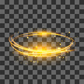Transparent Light Effect . Yellow Lightning Flafe. Gold Glowing Stars. Ellipse with Circular Lens. Fire Ring Trace