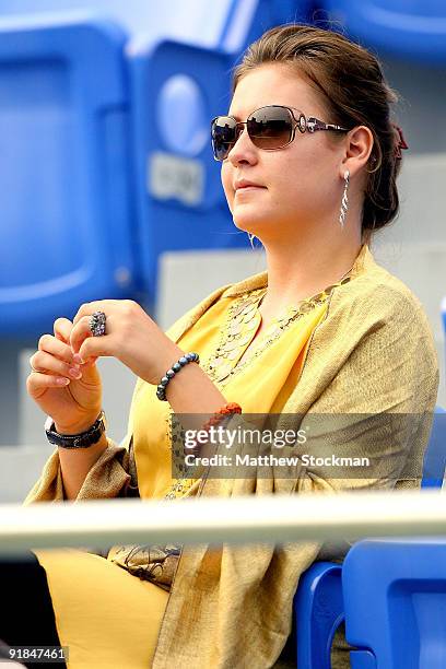 Irina Davydenko of Russia watches her husband Nikolay Davydenko of Russia play Igor Kunitsyn of Russia during their Round two match on day three of...