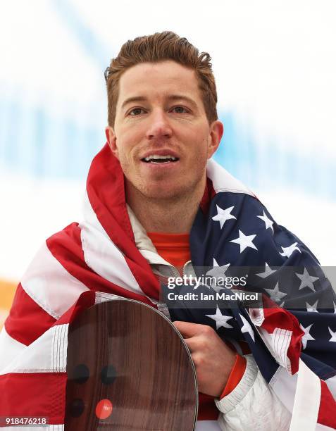 Shaun White of United States celebrates after winning the Men's Halfpipe Final at Phoenix Snow Park on February 14, 2018 in Pyeongchang-gun, South...