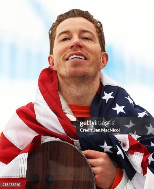 Shaun White of United States celebrates after winning the Men's Halfpipe Final at Phoenix Snow Park on February 14, 2018 in Pyeongchang-gun, South...