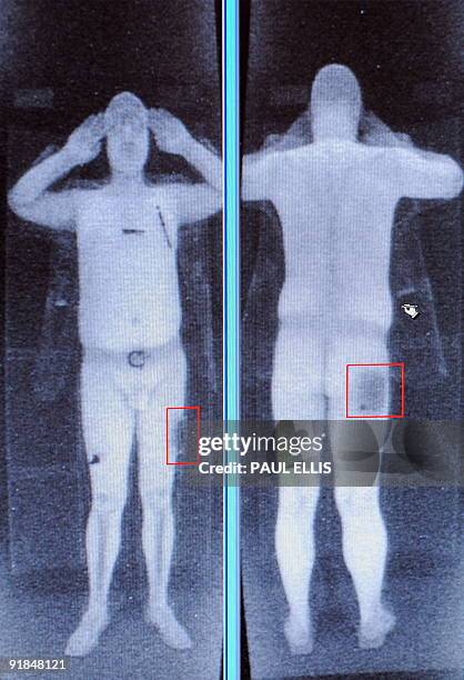 Full body scan is pictured on a computer screen at Manchester Airport in Manchester, north-west England, on October 13, 2009. The scanner works by...