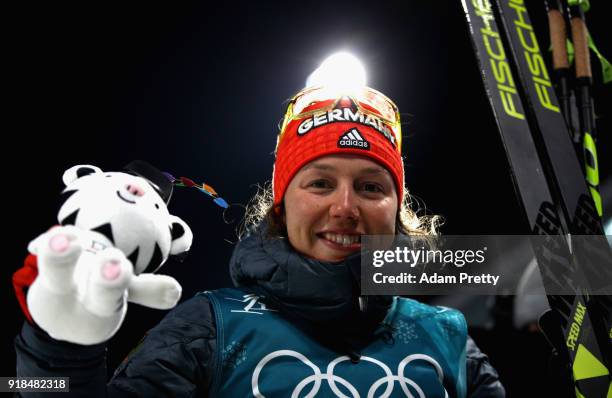 Bronze medallist Laura Dahlmeier of Germany poses during the victory ceremony for the Women's 15km Individual Biathlon at Alpensia Biathlon Centre on...