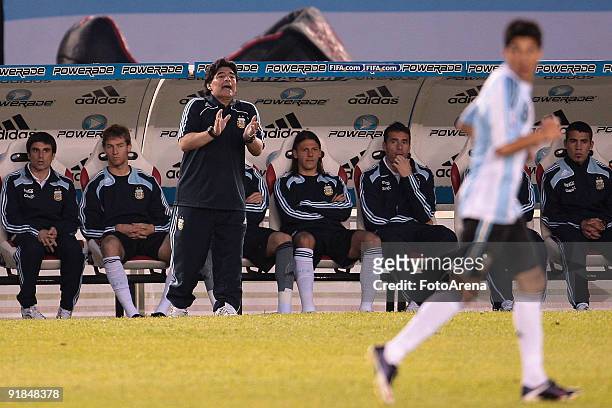 Diego Maradona headcoach of Argentina during the match against Peru As part of FIFA 2010 World Cup Qualifier at Monumental Stadium on October 10,...