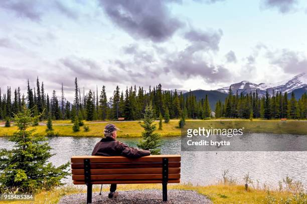 kaukasische senior mann auf bank am see sitzen und bewundern die landschaft - kananaskis stock-fotos und bilder
