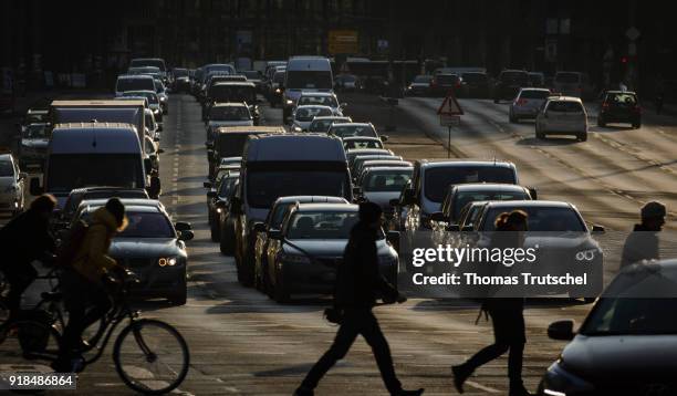 Berlin, Germany Cars are in a traffic jam on a street in Berlin city center on February 14, 2018 in Berlin, Germany.