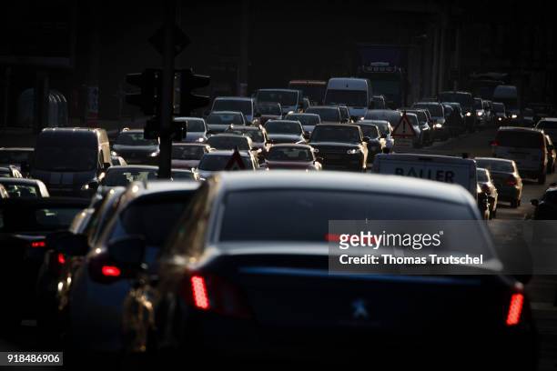 Berlin, Germany Cars are in a traffic jam on a street in Berlin city center on February 14, 2018 in Berlin, Germany.