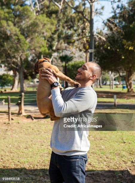 young man holding his puppy in the park. - boerboel stock pictures, royalty-free photos & images