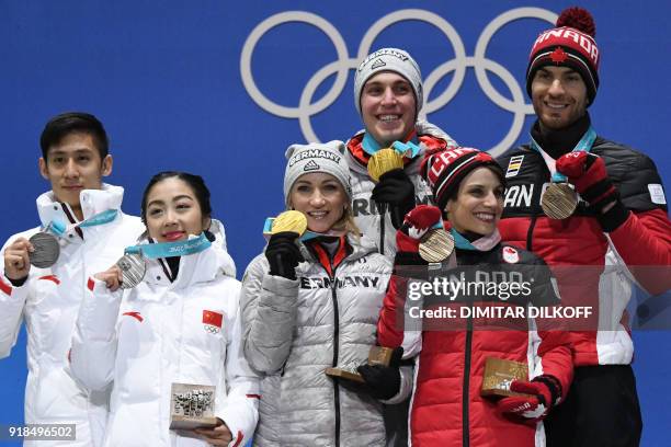 China's silver medallists Han Cong and Sui Wenjing, Germany's gold medallists Aljona Savchenko and Bruno Massot and Canada's bronze medallists Meagan...