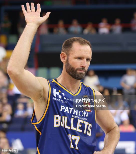 Retiring Brisbane Player Anthony Petrie thanks the crowd after the round 19 NBL match between the Brisbane Bullets and the Sydney Kings at Brisbane...