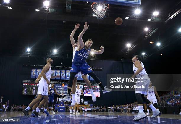 Brisbane Player Adam Gibson collides with a Sydney player during the round 19 NBL match between the Brisbane Bullets and the Sydney Kings at Brisbane...