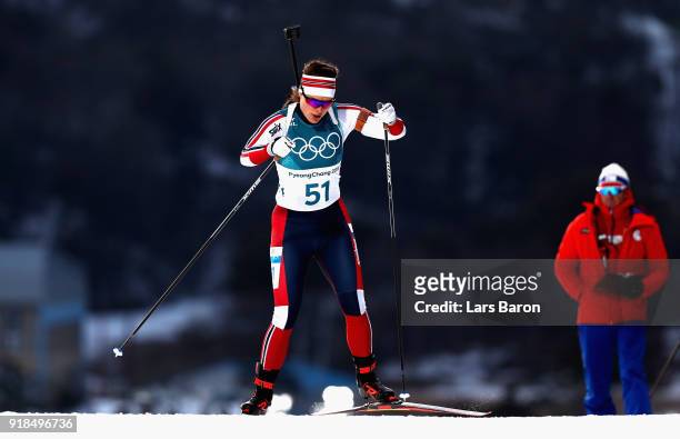 Synnoeve Solemdal of Norway competes during the Women's 15km Individual Biathlon at Alpensia Biathlon Centre on February 15, 2018 in Pyeongchang-gun,...