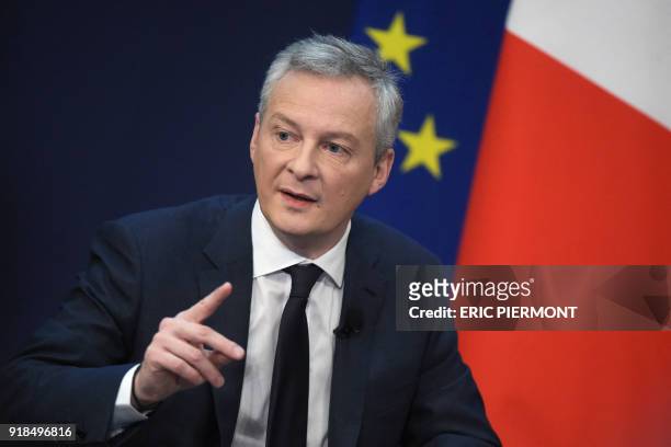 French Economy and Finance Minister Bruno Le Maire addresses a conference themed 'Transforming the French economy and deepening its integration in...