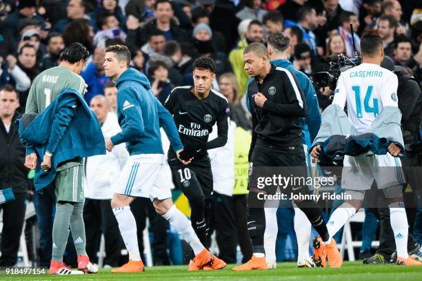 Neymar Jr and Kylian Mbappe of Paris Saint Germain and Cristiano Ronaldo of Real Madrid during the Champions League match between Real Madrid and...