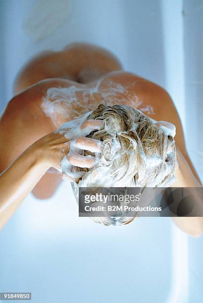 woman shampooing hair - femme shampoing photos et images de collection