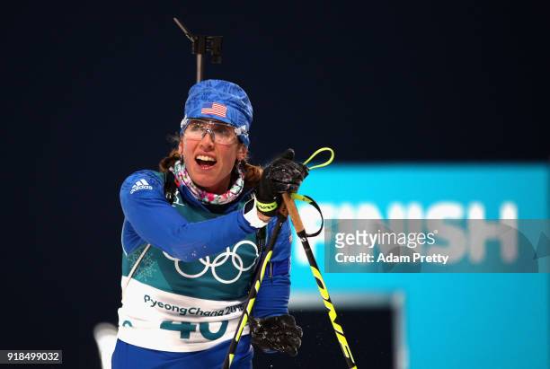 Susan Dunklee of the United States reacts during the Women's 15km Individual Biathlon at Alpensia Biathlon Centre on February 15, 2018 in...