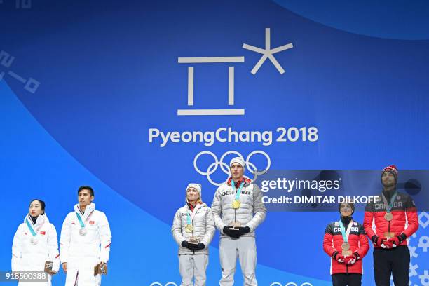 China's silver medallists Sui Wenjing and Han Cong, Germany's gold medallists Aljona Savchenko and Bruno Massot and Canada's bronze medallists Meagan...