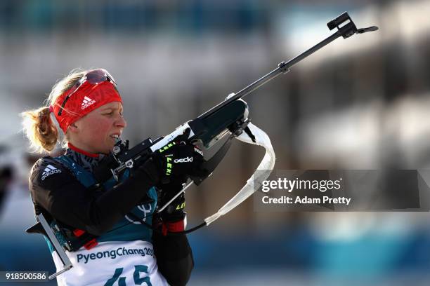 Franziska Hildebrand of Germany shoots prior to the Women's 15km Individual Biathlon at Alpensia Biathlon Centre on February 15, 2018 in...