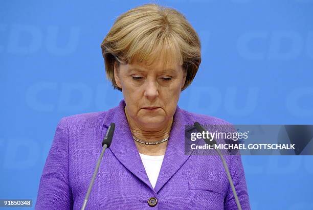 German Chancellor Angela Merkel addresses a press conference in Berlin on August 31, 2009 after a Christian Democratic Union party leadership meeting...