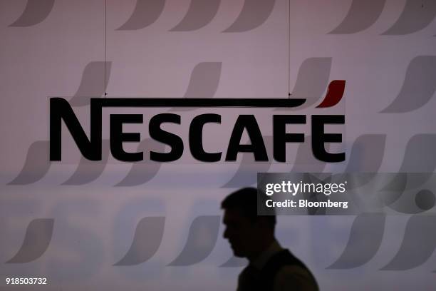 Nescafe logo stands on display at the Nestle SA headquarters in Vevey, Switzerland, on Thursday, Feb. 15, 2018. Since taking over about a year ago,...