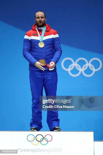 Gold medalist Aksel Lund Svindal of Norway celebrates during the medal ceremony for Alpine Skiing - Men's Downhill on day six of the PyeongChang 2018...