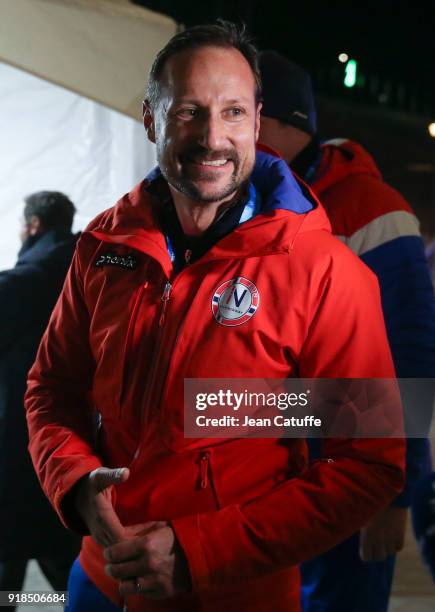 Crown Prince Haakon of Norway answers to EuroSport following the men's ice hockey preleminary match between Norway and Sweden on day six of the...