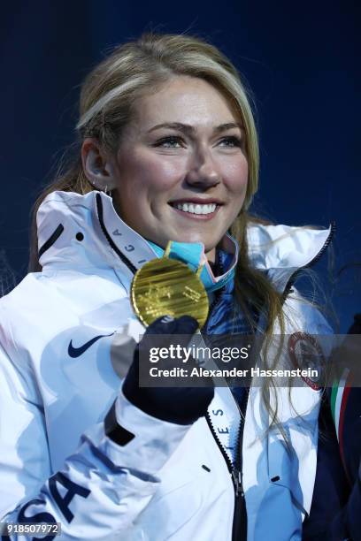 Gold medalist Mikaela Shiffrin of the United States celebrates during the medal ceremony for Alpine Skiing - Ladies' Giant Slalom on day six of the...